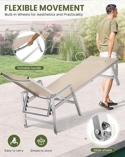 Patio Chaise Lounge Chair Outdoor with Wheels&Armrests, Aluminum Pool Lounge Chairs 5-Position Adjustable Recliner, Outdoor Beach Lounge Chairs for Poolside, Patio, Deck, Yard, Khaki