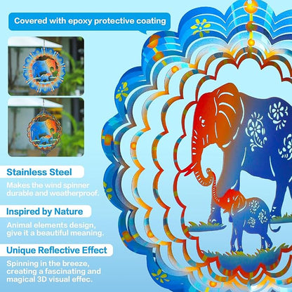 Elephant Wind Spinners Elephant Gifts for Women/Men 12 inch 3D Stainless Steel Hanging Wind Spinner Metal Wind Catchers Kinetic Sculpture for Indoor/Outdoor Decor, Yard Art, Garden Decorations
