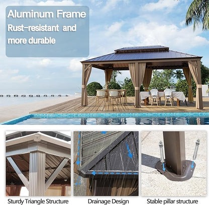 12' x 18' Outdoor Hardtop Gazebo Aluminum Frame with Double Metal Roof, Canopy Netting, Curtain, Patio Permanent Galvanized Steel Gazebo for Backyard, Garden, Party, Deck, Lawn