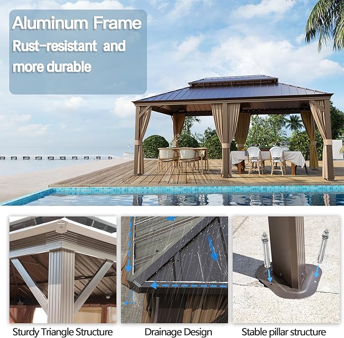 12' x 20' Outdoor Hardtop Gazebo Aluminum Frame with Double Metal Roof, Canopy Netting, Curtain, Patio Permanent Galvanized Steel Gazebo for Backyard, Garden, Party, Deck, Lawn