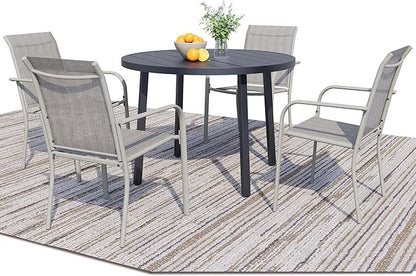 5 Pieces Round Dining Table Set for 4, Patio Dining Set Includes 4 Grey Stackable Patio Chairs and 1 Black Round Table, Patio Furniture Setss with Sling Support for Outside, Garden