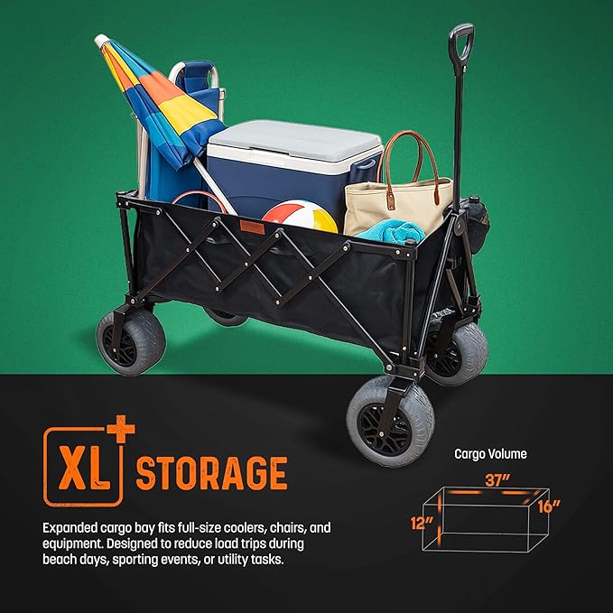 Folding Beach Wagon with Big All-Terrain Wheels for Off-Road Use (Sand/Gravel/Camping Trails) Extra Large Utility Cart with 9" Heavy-Duty Rubber Tires [Outland-XL by Stratton Forge] Black