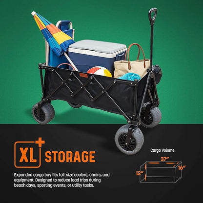 Folding Beach Wagon with Big All-Terrain Wheels for Off-Road Use (Sand/Gravel/Camping Trails) Extra Large Utility Cart with 9" Heavy-Duty Rubber Tires [Outland-XL by Stratton Forge] Black
