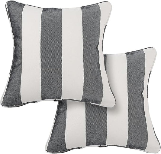 Outdoor Throw Pillow with Insert 18x18 Inch, Set of 2, Piping Edge Waterproof Fade Resistant Decorative Fluffy Pillows for Patio Furniture Chair Bench Couch Sofa - Black Ivory Striped