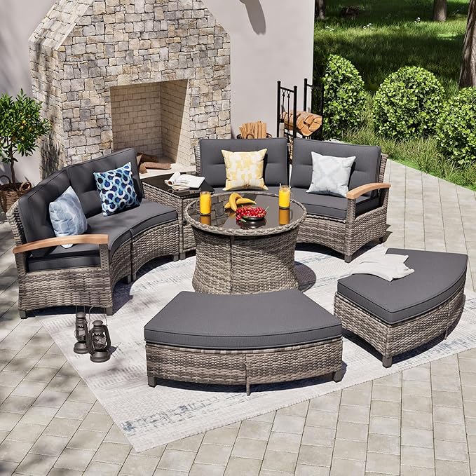 MEISSALIVVE 8 Piece Outdoor Patio Furniture Set, Half-Moon Curved Sectional Set with Wood Armrests, Patio Conversation Set, 2 Half-Moon Ottomans, Round Table & Side Table (Grey)