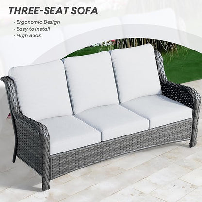 HOOOWOOO Patio Outdoor Furniture with Large Fire Pit Table,High Back 6 Piece Wicker Patio Conversation Set with Swivel Chairs,7 Person Couch Sofa Seating,Light Gray