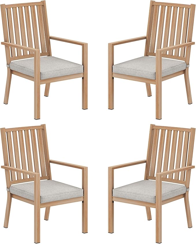 Patio Dining Chair Set of 4, Aluminum Outdoor Dining Chairs with Waterproof Cushions, Metal Outdoor Patio Furniture Seating for Porch, Balcony, Deck, Backyard, Light Wood Color