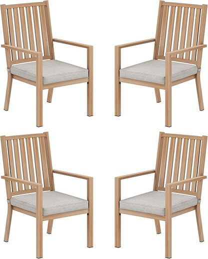 Patio Dining Chair Set of 4, Aluminum Outdoor Dining Chairs with Waterproof Cushions, Metal Outdoor Patio Furniture Seating for Porch, Balcony, Deck, Backyard, Light Wood Color
