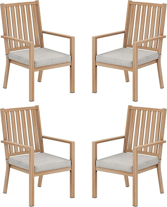 Patio Dining Chair Set of 4, Aluminum Outdoor Dining Chairs with Waterproof Cushions, Metal Outdoor Patio Furniture Seating for Porch, Balcony, Deck, Backyard, Light Wood Color