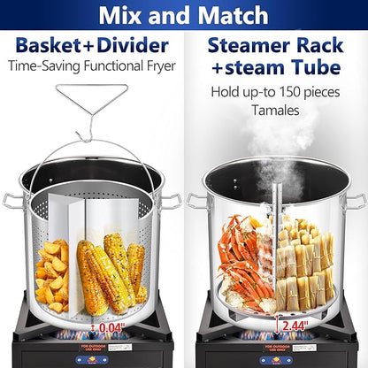 ARC 52QT Stainless Steel Stockpot for Crab Seafood Boiler Crawfish Pot with Basket and Steamer Rack, Outdoor Cooking Pot for Lobster Shrimp Boiling, Turkey Fryer and Tamales Steamer, 13 Gal