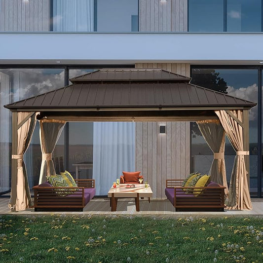 Domi 12' x 16' Hardtop Gazebo Permanent Metal Gazebo with Galvanized Steel Double Roof, Curtains and Netting for Party, Wedding, Outdoor Dining, Patio, Backyard, Brown