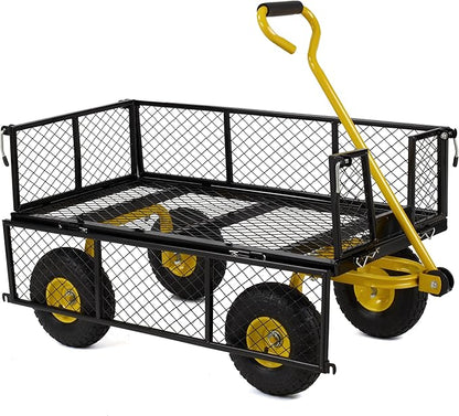 Finnhomy Heavy Duty 1000 Lbs Capacity Mesh Steel Garden Cart, Pullable Garden Wagons Carts on Wheels, Folding Utility Wagon with Removable Sides for Outdoor, Yard, Lawn, Yellow