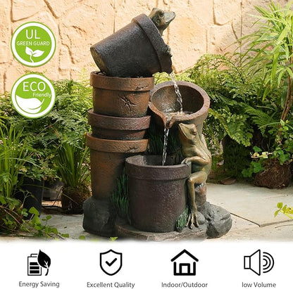 27.2''H Garden Fountains Outdoor Water Fountain,3 Tier Cascading Barrel Frog with LED Lights & Pump for Farmhouse Patio Yard Deck Home Lawn Porch House Decorations