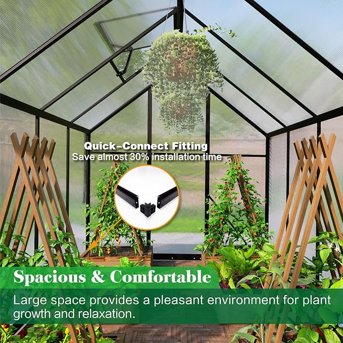6x10 FT Greenhouse for Outdoors, Polycarbonate Green House with Adjustable Roof Vent and Rain Gutter, Aluminum Large Walk-in Greenhouse with Quick Setup Structure for Outside Garden Backyard Patio