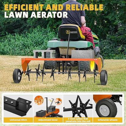 48" Lawn Aerator Tow Behind, Pull Behind Aerator with Universal Hitch, 32 Galvanized Steel Tines, Tray and Pneumatic Tires, Plug Behind Aerator is Suitable for Gardens, Lawns and Farms
