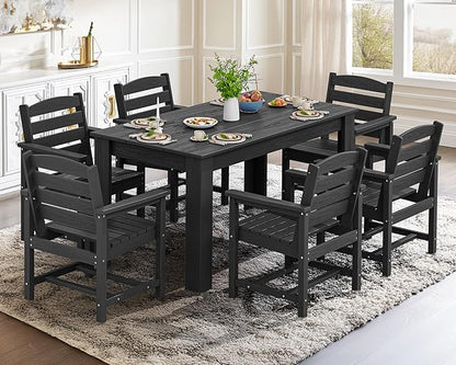 SERWALL Patio Dining Set for 6, Outdoor Dining Sets for 6 Person with 1 Umbrella Hole Cut-Out Rectangular Table and 6 Chairs, HDPE Dining Sets for Garden, Backyard, Poolside, Black