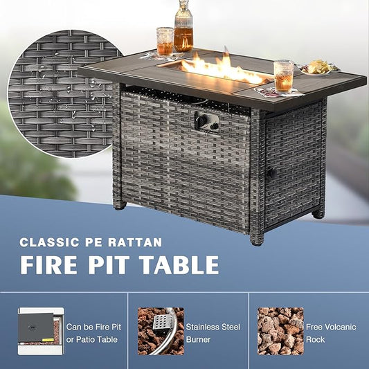 HOOOWOOO Patio Outdoor Furniture with Fire Pit Table,High Back 6 Piece Wicker Patio Conversation Set with Swivel Chairs,7 Person Couch Sofa Seating,Denim Blue