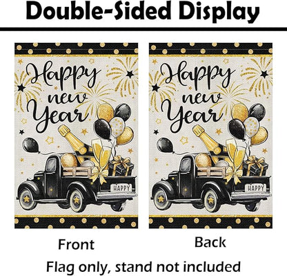 Heyfibro Happy New Year Truck Garden Flag 12x18 Inch Double Sided Black Gold Champagne Balloon Garden Flag Decorative Firework Yard Flags for Outside House Farmhouse Holiday Outdoor Decoration
