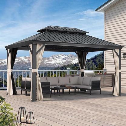 PURPLE LEAF 10' X 14' Aluminum Gazebo with Galvanized Steel Double Roof Permanent Hardtop Gazebo for Patio Lawn and Garden Included Netting and Beige Curtains