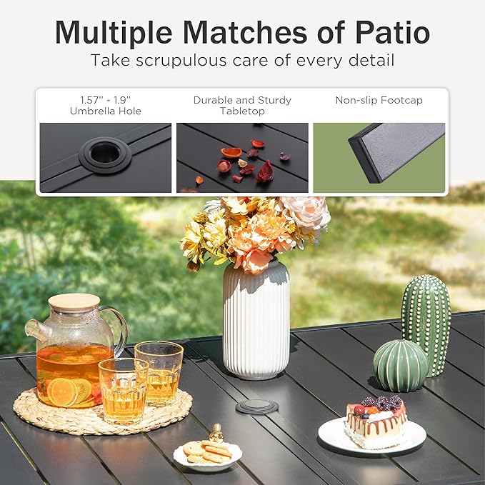 PHI VILLA 7 Piece Patio Dining Set with Outdoor Table and Chairs, Outdoor Dining Table Set for 6 with Adjustable Foldable Patio Chairs & Metal Steel Table for Garden, Black