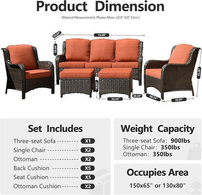 HOOOWOOO Patio Furniture Set,5 Piece Outdoor Furniture Set,Wicker Patio Conversation Couch Chairs Ottoman Set,Orange Red
