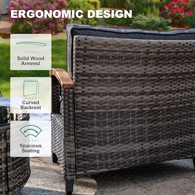 MEISSALIVVE 8 Piece Outdoor Patio Furniture Set, Half-Moon Curved Sectional Set with Wood Armrests, Patio Conversation Set, 2 Half-Moon Ottomans, Round Table & Side Table (Grey)
