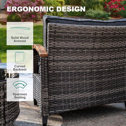 MEISSALIVVE 8 Piece Outdoor Patio Furniture Set, Half-Moon Curved Sectional Set with Wood Armrests, 2 Half-Moon Ottomans, Round Table (Grey)