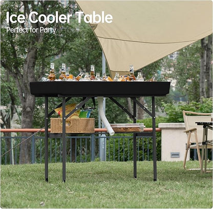 Outdoor Ice Cooler Folding Table, Portable Cooler Table with Removable Matching Skirt, Chill Table for Party BBQ Camping Wedding Black
