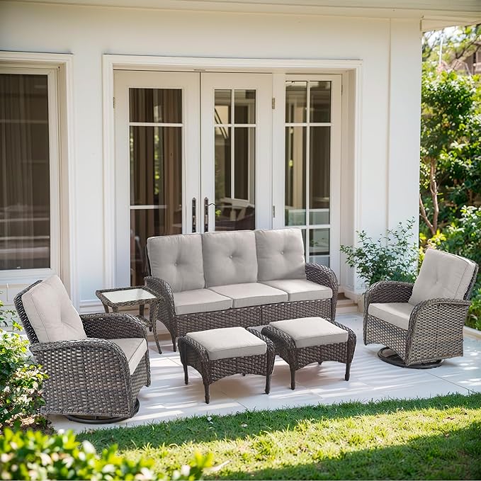 6 Piece Patio Furniture Set - Wicker Patio Conversation Set with Swivel Glider, 3-Seater Sofa, Tempered Glass Side Table and 2 Ottomans for Deck Backyard - Brown Wicker Beige Cushion