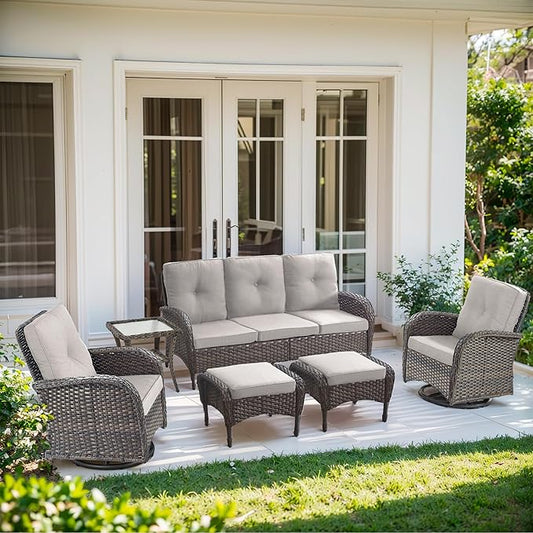 6 Piece Patio Furniture Set - Wicker Patio Conversation Set with Swivel Glider, 3-Seater Sofa, Tempered Glass Side Table and 2 Ottomans for Deck Backyard - Brown Wicker Beige Cushion
