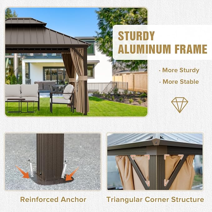 COOS BAY 12x10 Hardtop Gazebo with Aluminum Frame, Galvanized Steel Double Roof Outdoor Pavilion with Netting and Curtains, Dark Brown/Tan