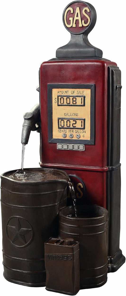 Teamson Home Vintage Gas Station Statue 3 Tiered Floor Waterfall Fountain with Pump for Outdoor Patio Garden Backyard Decking, 42 Inch Height, Dark Red