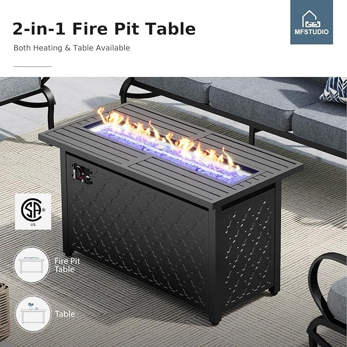 MFSTUDIO 6 Pieces Patio Furniture Sets with 45" Gas Fire Pit Table(Up to 7 Seat), Outdoor Metal Frame Patio Conversation Sofas with 1 x 3-Seat Sofa, 2 Sofa Chairs and 2 Ottoman, Grey Cushion