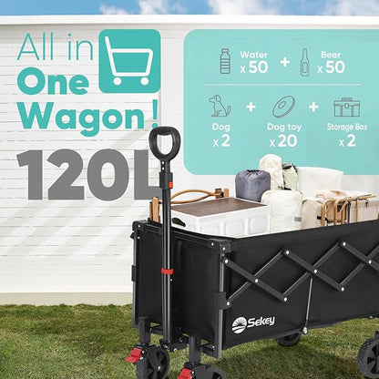 Sekey Collapsible Wagon Cart Foldable with 220LBS Weight Capacity, Lightweight Portable Folding Grocery Shopping Cart with Wheels for Camping Sports Beach and Shopping.Black