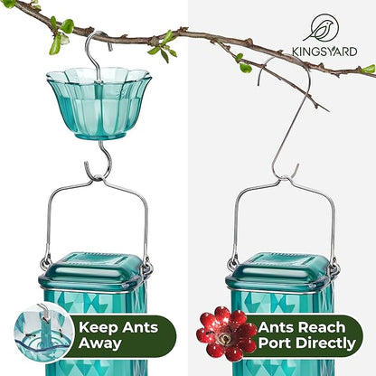 Kingsyard Glass Hummingbird Feeder for Outdoor Hanging, 24 Ounces, 6 Feeding Ports, Bird Nectar Feeder for Garden Décor, Ant Moat Included, Turquoise