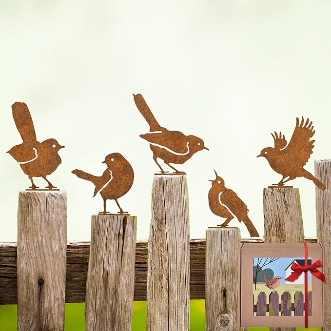 Rusty Bird Decor, Metal Yard Art, Yard Decorations Outdoor, Metal Bird Wall Art, Fence Decorations Outdoor, Rustic Garden Decor, Garden Sculptures Statues, Bird Lover Gifts (Pack of 5)