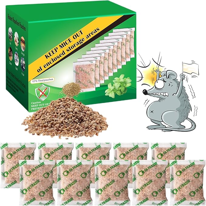 Mouse and Squirrel Repellent Pouches, 10 Packs Rat Repellent for Mice, Squirrels, Voles, Rodent Control for Indoor/Outdoor, Pet Safe Mouse Deterrent for House, Garden, Car, RV, Garage, Basement