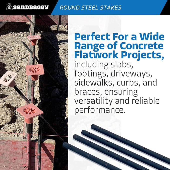Sandbaggy Round Steel Concrete Form Stakes with Nail Holes - Rust Resistant Coating - Removable, Reusable (100, 3/4 in X 48 in)