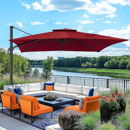 Hotime 10ft Cantilever Umbrella Outdoor Patio Umbrella Windproof Heavy Duty Double Top Offset Patio Umbrella Cantilever Pool Umbrella with 360°Rotation for Garden Deck Pool, Wine Red
