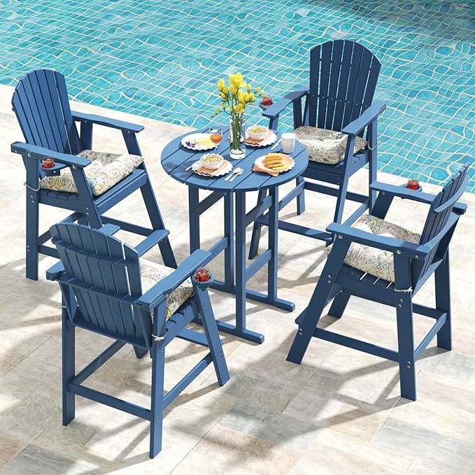 Sundale Outdoor Adirondack Round Bar Table, 39 Inch Height Patio Large Pub Table for 4, All Weather HDPE High Top Bistro Counter Table for Outside Deck Porch Balcony Poolside, Navy Blue