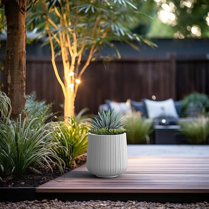 Kante 13.0" Dia Round Fluted Concrete Planter, Large Plant Pot with Drainage, Smooth White Finish with Aqua Blue Interior, for Indoor and Outdoor Use