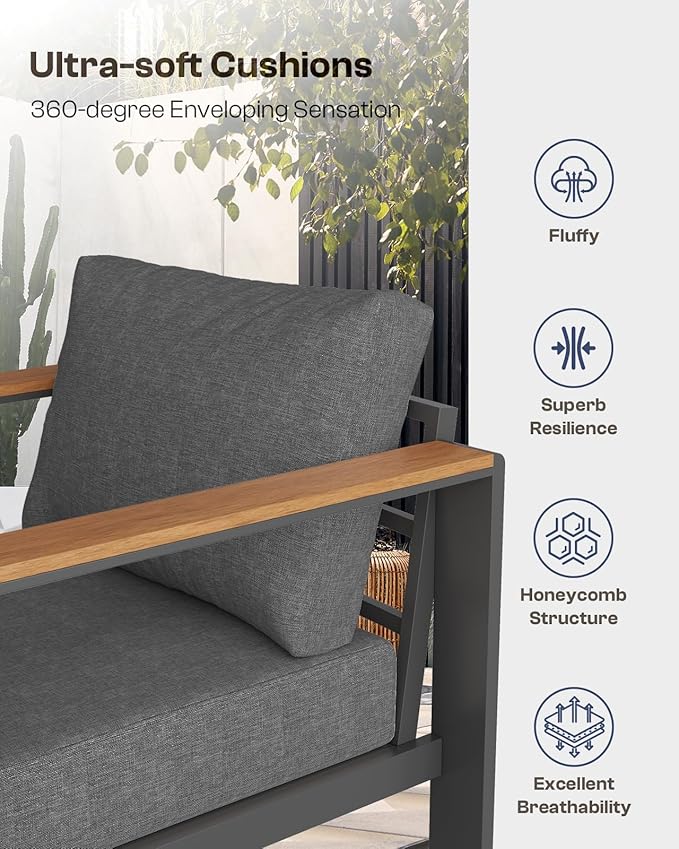 Aluminum Outdoor Patio Furniture Loveseat, All-Weather Outdoor Patio Sofa with Washable Thick Cushion, Patio Sofa Couch for Porch, Balcony, Deck, Yard, Graphite