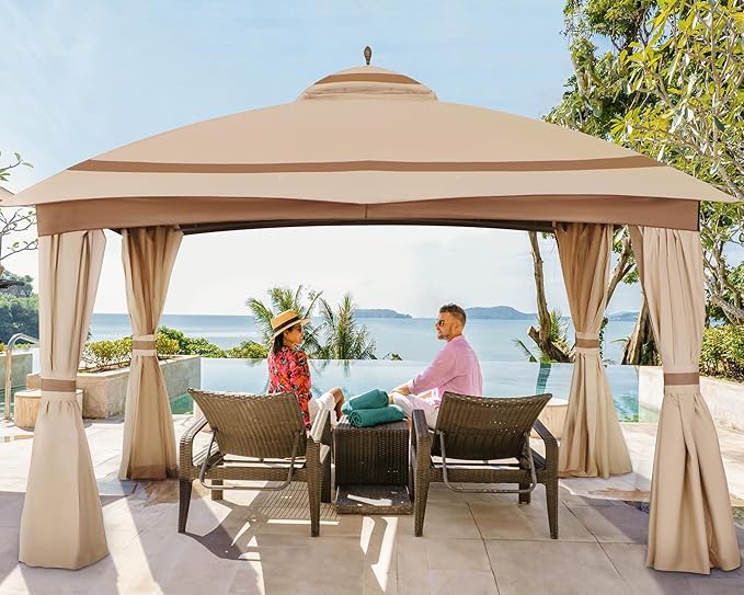 11x13 Gazebo for Patio, Gazebo with Curtains & Sandbags, Double Tier Roof Marquee Canopy for Garden, Deck, Backyard, Lawn (Khaki)-Netting not Included