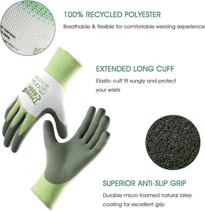 COOLJOB 3 Pairs Gardening Gloves for Women Men, 100% Recycled Polyester with Rubber Coated for Garden Patio Yard Lawn Work, Green, White & Grey, X-Large Size
