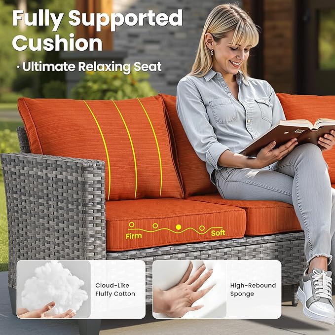 ovios 7 Pieces Patio Furniture Set with 42" Fire Pit Table, Outdoor Sofa Couch with Solar Lights Table Comfy Cushions, Modern Deep Seat Wicker Rattan Conversation Set, Orange Red