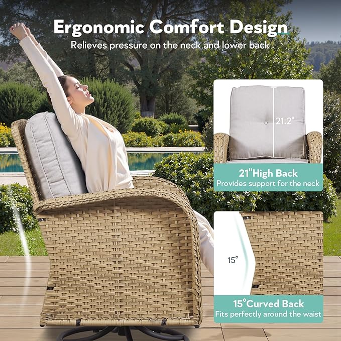 2 in 1 Porch Glider Swivel Chair - Outdoor Swivel Rocker Patio Wicker Chair with Thick Cushions, 300 Lb Weight Capacity Patio Swivel Glider Seating Yellow/Beige