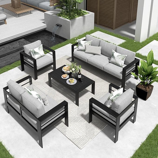 Solaste Aluminum Patio Furniture Set for All Weather, Oversized Metal Outdoor Furniture Set with 27.5" Deep Seating and 3.2" Wide Armrest, Patio Conversation Set with 5" Cushion, Black and Grey