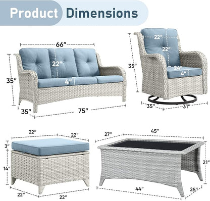 Wicker Outdoor Conversation Set-6 Pieces Outdoor Wicker High Back Couch with Swivel Rocker Chairs Patio Furniture for Deck Poolside Backyard-Light Grey/Light Blue