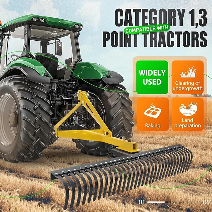 KUAFU 60In Landscape Rake, 3 Point Rake, 360 Rotation Compatible with Category 1, Cat1 Tractors Tow-Behind Garden Tool for Garden, Farm, Clearing Brush, Raking Arenas 2 Package Yellow