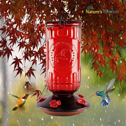 Nature's Rhythm Bird Feeder Vintage Red Antique Glass Bottle Hummingbird Feeder 5 Feeding Ports and 23-Ounce Nectar Capacity Per Feeder